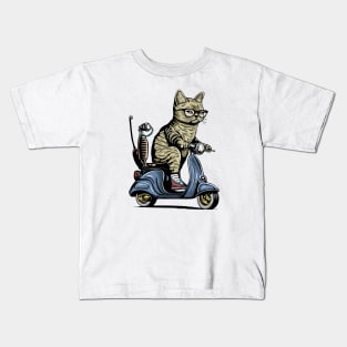 Cat With Sunglasses Riding Motorcycle and Driving Scooter Kids T-Shirt